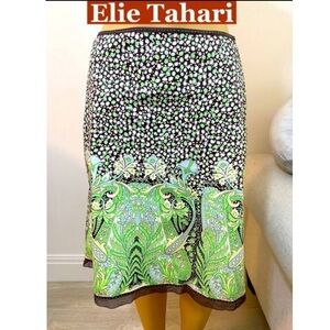 Elie Tahari printed paisley brown/green cotton midi/knee skirt Size 8.